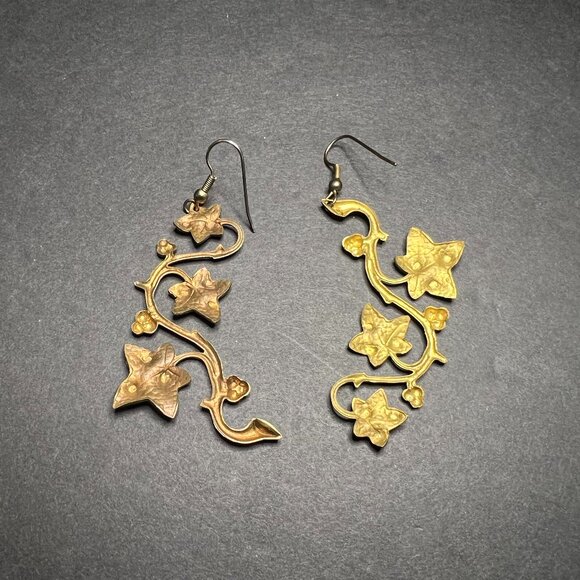 Boho Bohemian Brass Grape Vine Leaf Dangle Drop Fashion Jewelry Earrings 3" - Picture 3 of 3